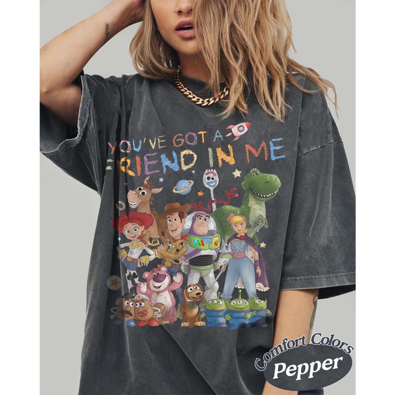 May include: A charcoal gray short-sleeve t-shirt featuring a colorful graphic of various animated characters and the text "YOU'VE GOT A FRIEND IN ME" in a multi-colored font. The shirt has a vintage-style wash and a crew neckline.