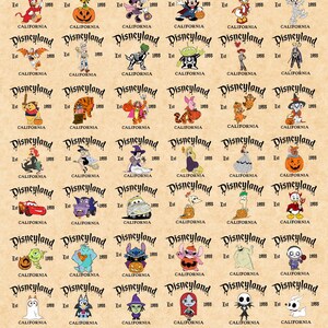 May include: A beige background featuring numerous Disneyland character designs, each accompanied by the Disneyland logo and the year 1955. The text at the bottom reads: "PLEASE SELECT THE CHARACTER YOU WANT AND FILL IN THE PERSONALIZED SECTION."