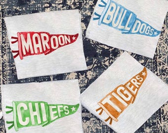 Bella Canvas T-shirt Watercolor Pennant Mascot, High school college football, Homecoming Pennant, Custom Spirit Tee, Gildan Sweatshirt