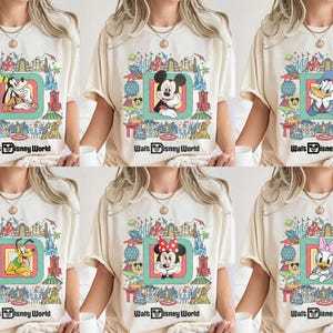 Puede incluir: Camisetas color crema con dise&ntilde;os retro de personajes de Disney. Cada camiseta muestra un personaje diferente dentro de un marco colorido, rodeado de ilustraciones tem&aacute;ticas del parque y el logotipo "Walt Disney World".