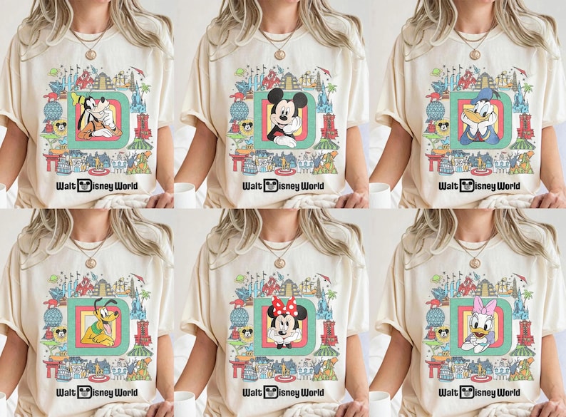 Puede incluir: Camisetas color crema con dise&ntilde;os retro de personajes de Disney. Cada camiseta muestra un personaje diferente dentro de un marco colorido, rodeado de ilustraciones tem&aacute;ticas del parque y el logotipo "Walt Disney World".