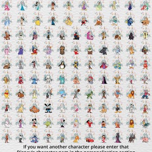 May include: A collection of Disney character illustrations, each set against a castle backdrop. The image features a variety of characters, including princesses, heroes, and villains. Text at the bottom reads: "If you want another character please enter that Disney's character nam in the personalization section."