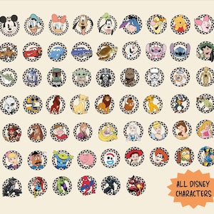 以下が含まれることがあります： 白黒の市松模様の背景に、円形のディズニーキャラクターの画像が並んでいます。ミッキーマウス、ドナルドダック、その他のディズニーのキャラクターが描かれています。「ALL DISNEY CHARACTERS」の文字がオレンジ色のスターバーストで表示されています。