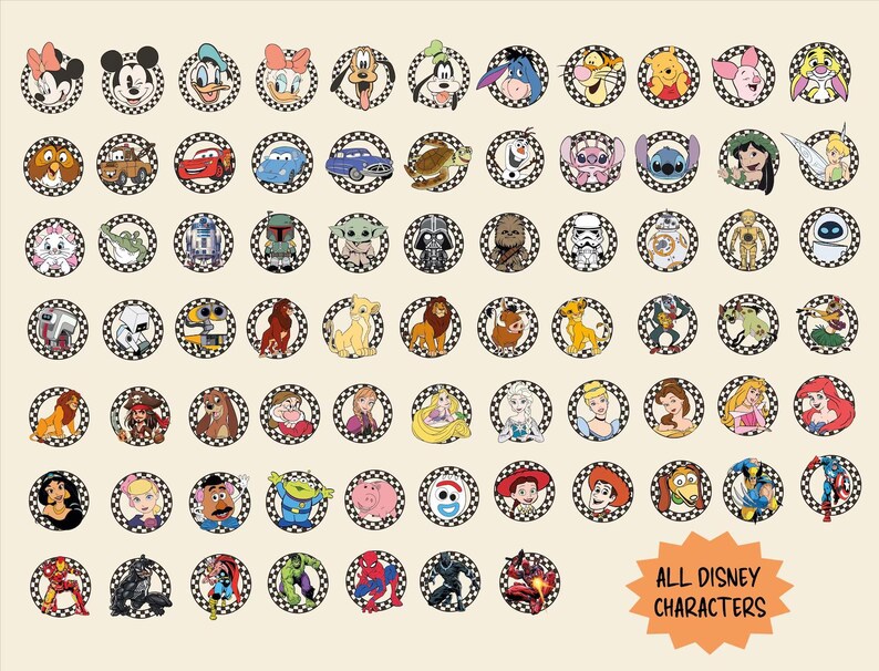 以下が含まれることがあります： 白黒の市松模様の背景に、円形のディズニーキャラクターの画像が並んでいます。ミッキーマウス、ドナルドダック、その他のディズニーのキャラクターが描かれています。「ALL DISNEY CHARACTERS」の文字がオレンジ色のスターバーストで表示されています。