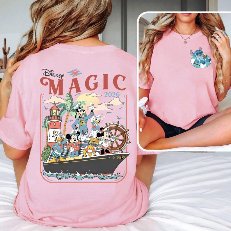 May include: A pale pink t-shirt with a graphic of Disney characters on a cruise ship and the words "Disney Magic 2026". The shirt also has a smaller graphic of Stitch on the front.