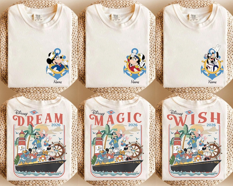 May include: Off-white t-shirts with Disney character designs. Some shirts feature Mickey Mouse in an anchor, while others display a cruise ship scene with Mickey and friends. The shirts have the words "Dream", "Magic", and "Wish" with the year 2026.