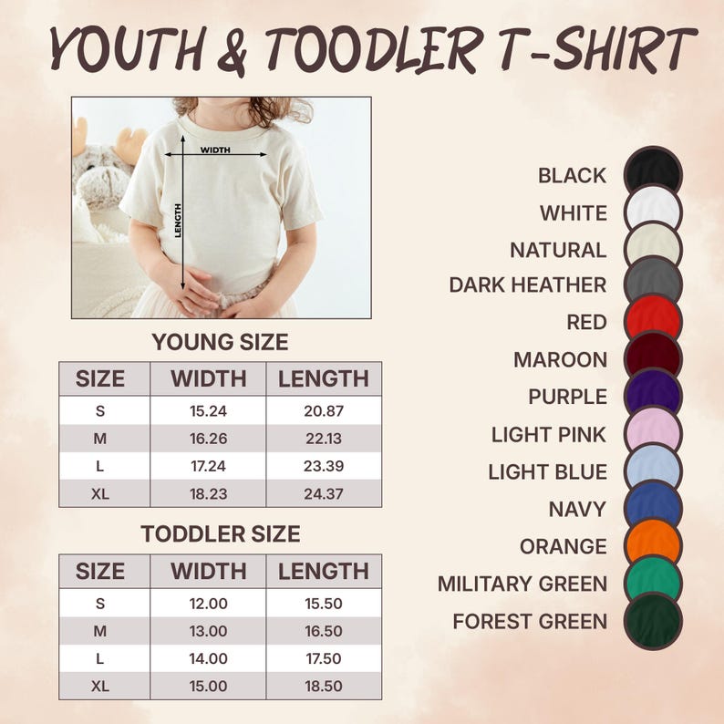 Puede incluir: Tabla de tallas para camisetas de ni&ntilde;os y beb&eacute;s. La tabla muestra la talla, el ancho en pulgadas y la longitud en pulgadas para tallas de ni&ntilde;os y beb&eacute;s. La tabla incluye las tallas S, M, L y XL.