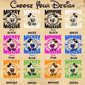 May include: A selection of Mickey and Minnie Mouse designs in various colors, including black, white, pink, blue, orange, and green. Each design features the character's name, the year 1928, and the Disney logo.