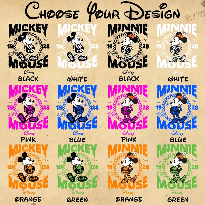 May include: A selection of Mickey and Minnie Mouse designs in various colors, including black, white, pink, blue, orange, and green. Each design features the character's name, the year 1928, and the Disney logo.