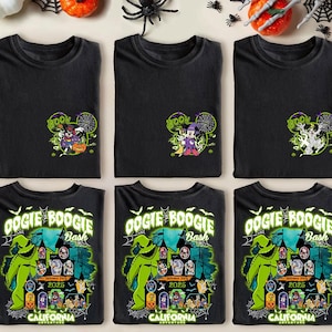 以下が含まれることがあります： ハロウィーンをテーマにしたデザインの黒いTシャツ6枚。上段には、ミッキーマウスと「BOO」の文字が入った他のキャラクターがいます。下段には、緑色のキャラクターと一緒に「OOGIE BOOGIE Bash 2025 CALIFORNIA ADVENTURE」という文字が表示されています。