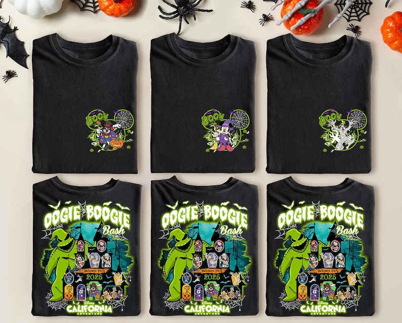 May include: Six black t-shirts with Halloween-themed designs. The top row features Mickey Mouse and other characters with the word "BOO". The bottom row displays the text "OOGIE BOOGIE Bash 2025 CALIFORNIA ADVENTURE" with a green character.