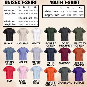May include: A selection of unisex and youth t-shirts in various colors, including black, white, and red. The image displays size charts with measurements in inches for width and length. Available colors include indigo blue, violet, and burnt orange.