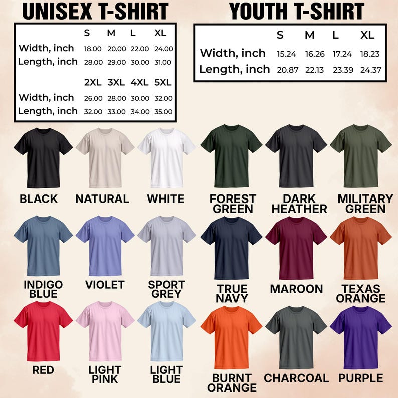 May include: A selection of unisex and youth t-shirts in various colors, including black, white, and red. The image displays size charts with measurements in inches for width and length. Available colors include indigo blue, violet, and burnt orange.