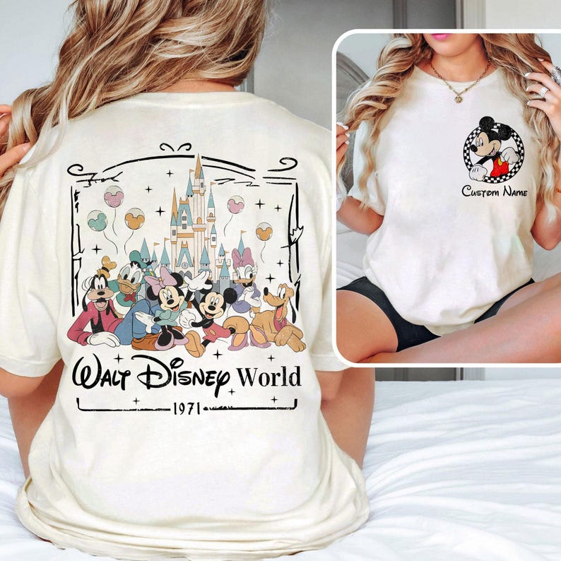 Custom Name 2 Sided Mickey And Friends Shirt, All Characters Disney Family 2025 Shirt, Disneyworld Trip Tee, Disneyworld Est 1971 Shirt Sand/Ivory/Natural