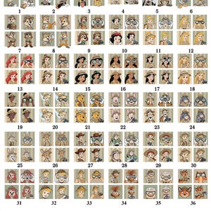 May include: A collection of 36 cartoon character portraits, each wearing a safari hat and khaki outfit, with binoculars. Characters include Mickey Mouse, Minnie Mouse, and Disney princesses. The text "UPDATING..." is at the bottom.