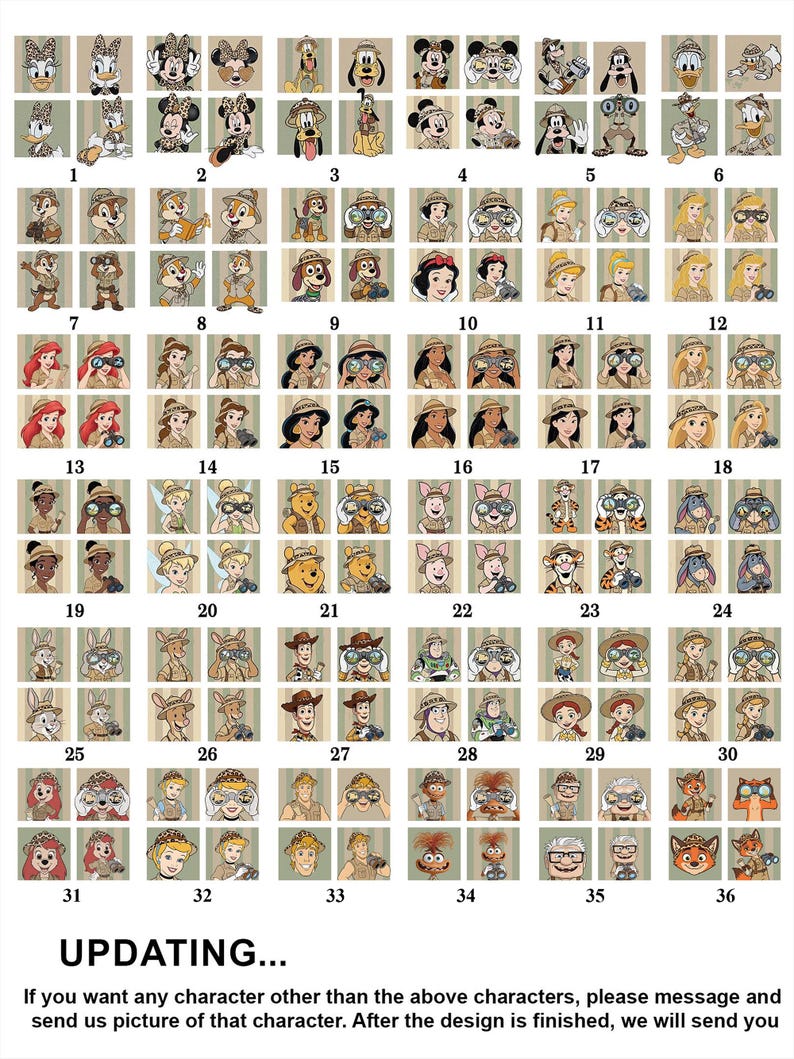 May include: A collection of 36 cartoon character portraits, each wearing a safari hat and khaki outfit, with binoculars. Characters include Mickey Mouse, Minnie Mouse, and Disney princesses. The text "UPDATING..." is at the bottom.