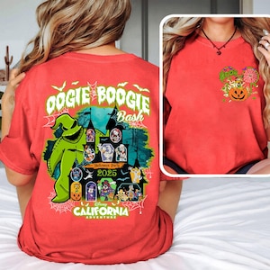 May include: Red t-shirt with a Halloween-themed graphic. The front features a small pumpkin and character design, while the back displays a larger design with the text "Oogie Boogie Bash" and "California Adventure 2025".