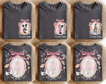 Custom Retro Coquette Bow Disney Castle Shirt, Personalized Disney Characters Shirt, Disney Family Trip Shirt, Disney Matching Tee, WDW Trip