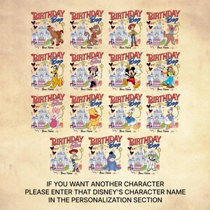 K&ouml;nnte beinhalten: Eine Sammlung farbenfroher Designs zum Thema Geburtstag mit verschiedenen Disney-Charakteren. Jedes Design enth&auml;lt den Text "BIRTHDAY Bop" und "Your Name", mit einer Burg- und Kuchendarstellung. Der Text unten lautet: "IF YOU WANT ANOTHER CHARACTER PLEASE ENTER THAT DISNEY'S CHARACTER NAME IN THE PERSONALIZATION SECTION."