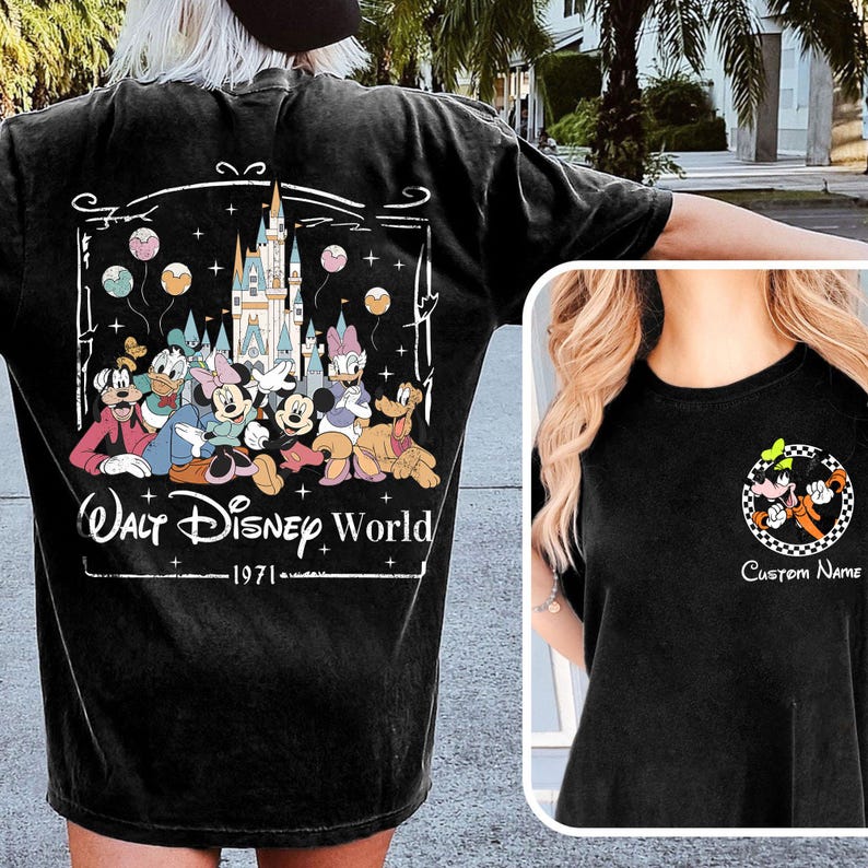 Custom Name 2 Sided Mickey And Friends Shirt, All Characters Disney Family 2025 Shirt, Disneyworld Trip Tee, Disneyworld Est 1971 Shirt Black