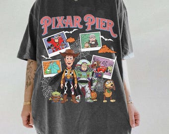 Vintage Disney Pixar Characters Halloween Photos Shirt, Toy Story Skeleton, Cars Mummy, Pixar Pier Tee, Mickey's Not So Scary Party Trip