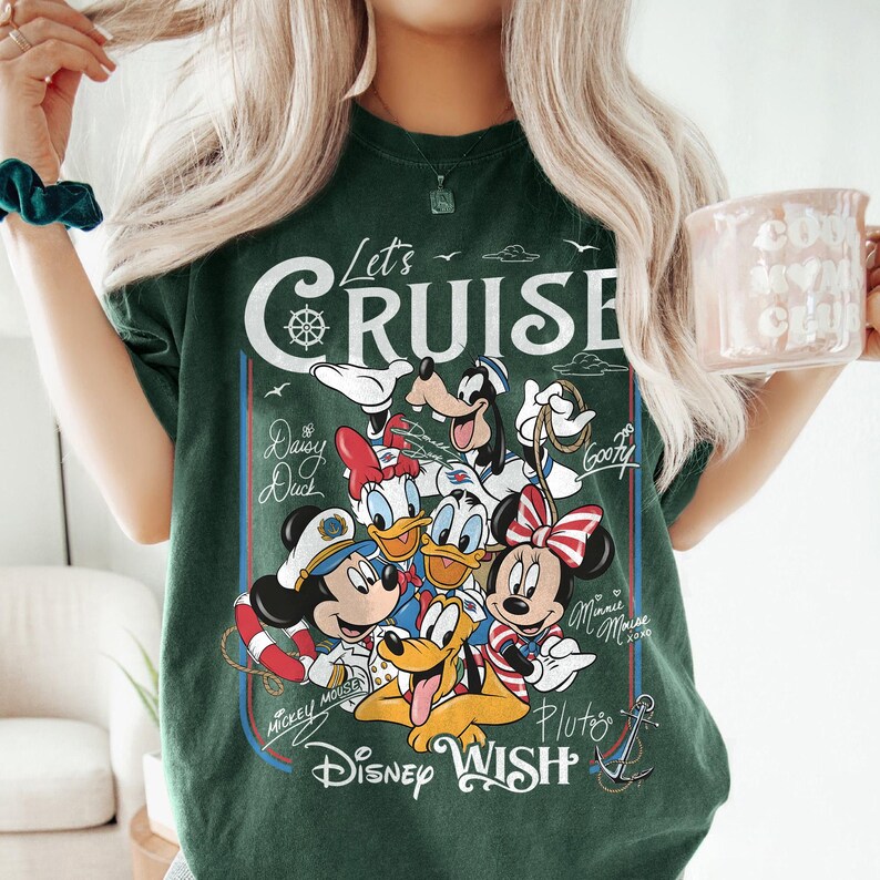 Disney Mickey and Friends Let's Cruise Line Shirt, Family Cruise Vacation 2026 Matching Tees Forest Green