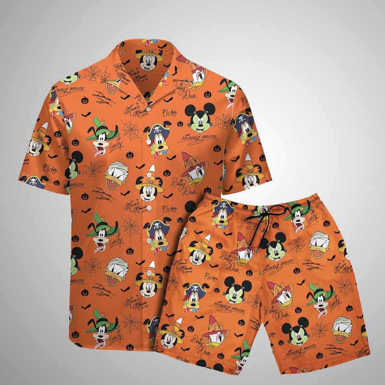 Vintage Mickey & Friends Signatures Halloween Hawaiiskjorta, Musse Piggs Inte Så Läskiga Halloween Hawaiiskjorta, Sommar Disneylandskjorta bild 4