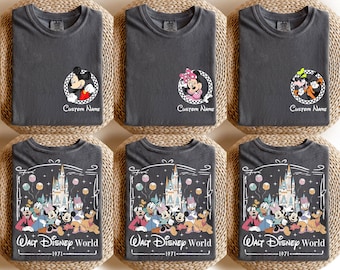 Camiseta de Mickey y sus amigos con nombre personalizado (2 caras), camiseta de todos los personajes de Disney Family 2025, camiseta de viaje a Disneyworld, camiseta de Disneyworld Est. 1971