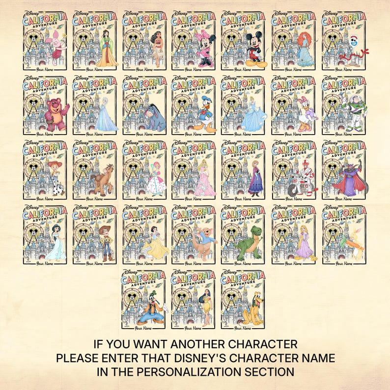 Puede incluir: Una colecci&oacute;n de tarjetas rectangulares con el tema de Disney California Adventure con varios personajes de Disney. Cada tarjeta tiene una ilustraci&oacute;n de un castillo y el texto "California Adventure". La parte inferior de la imagen tiene el texto "IF YOU WANT ANOTHER CHARACTER PLEASE ENTER THAT DISNEY'S CHARACTER NAME IN THE PERSONALIZATION SECTION."