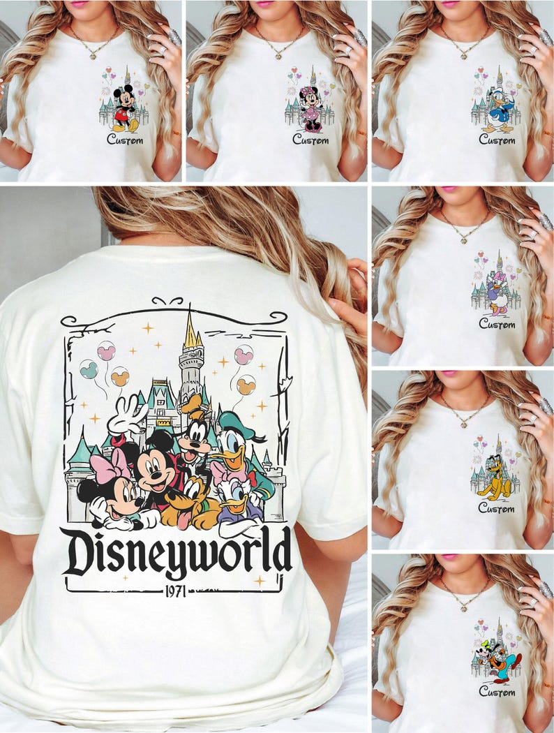 May include: Cream-coloured t-shirts featuring Disney characters. The front of the shirts display Mickey Mouse, Minnie Mouse, Donald Duck, Daisy Duck, Goofy, and Pluto with a castle and the word "Custom". The back of the shirt has a large graphic with Disney characters and the text "Disneyworld 1971".