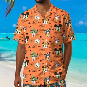Vintage Mickey & Friends Signatures Halloween Hawaiiskjorta, Musse Piggs Inte Så Läskiga Halloween Hawaiiskjorta, Sommar Disneylandskjorta bild 5