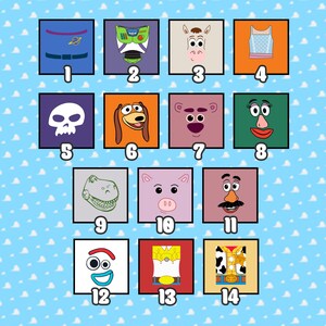 May include: A collection of 14 square images featuring character designs from the animated film Toy Story. Each square has a different character design, including Buzz Lightyear, Woody, and others, set against a light blue background with white clouds.