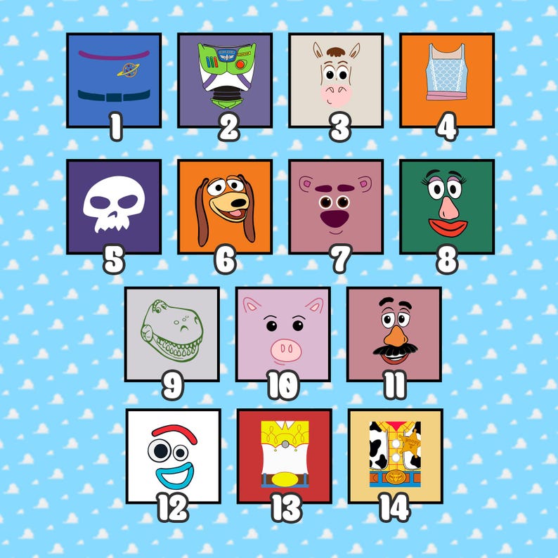 May include: A collection of 14 square images featuring character designs from the animated film Toy Story. Each square has a different character design, including Buzz Lightyear, Woody, and others, set against a light blue background with white clouds.