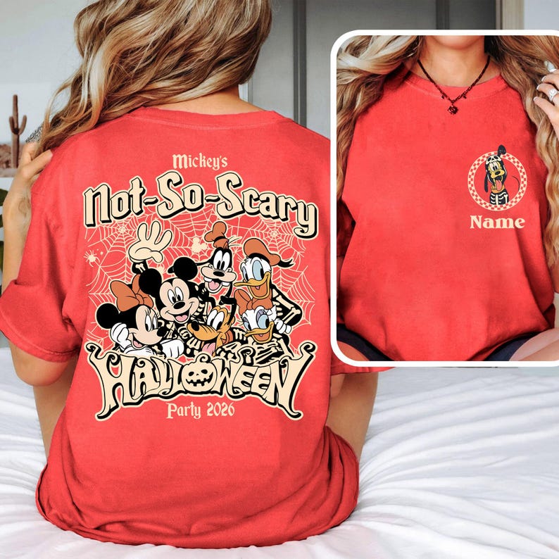 May include: Red t-shirt featuring a Halloween design with Mickey Mouse, Minnie Mouse, Donald Duck, Goofy, and Pluto. The text on the back reads "Mickey's Not-So-Scary Halloween Party 2020". A smaller Pluto graphic is on the front.