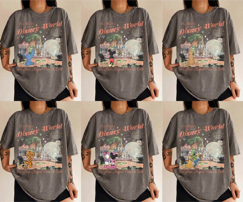 May include: A collection of six gray t-shirts featuring a vintage-style graphic of Disney World in Florida. Each shirt showcases a different Disney character, including Stitch, Mickey Mouse, and Goofy, with the text "Florida Disney World".