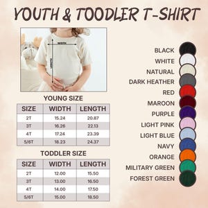 May include: Image of a youth and toddler t-shirt with a size chart showing width and length in cm. The colour options include black, white, and navy. The text 'YOUTH & TOODLER T-SHIRT' is at the top.