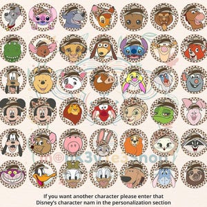 May include: A collection of Disney character illustrations, each wearing a safari hat, set within circular frames with a checkered border. The image includes characters like Mickey Mouse, Simba, and Stitch. Text at the bottom encourages custom character requests.