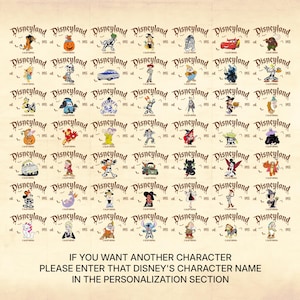 K&ouml;nnte beinhalten: Auf beigem Hintergrund sind zahlreiche Disney-Charakter-Illustrationen zu sehen, jeweils mit dem Wort "Disneyland" und dem Jahr "1955". Der Text unten lautet: "IF YOU WANT ANOTHER CHARACTER PLEASE ENTER THAT DISNEY'S CHARACTER NAME IN THE PERSONALIZATION SECTION."