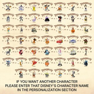 Op de afbeelding: Een beige achtergrond met een raster van Disney-karakterillustraties. Elke afbeelding is voorzien van de tekst "Disneyworld" en "1971 est. Florida." De onderkant van de afbeelding luidt: "IF YOU WANT ANOTHER CHARACTER PLEASE ENTER THAT DISNEY'S CHARACTER NAME IN THE PERSONALIZATION SECTION."