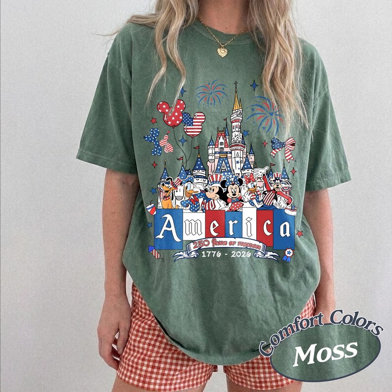 Mickey and Friends Patriotic Disney 4th of July Boxy Tee TShirt, WDW Disney Family 250th Anniversary America, Red White and Blue USA Tee MilitaryGreen/Moss