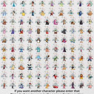 May include: A grid of Disney character illustrations, each with a castle background. The characters include princesses, villains, and other popular figures. Text at the bottom reads: "If you want another character please enter that Disney's character nam in the personalization section."