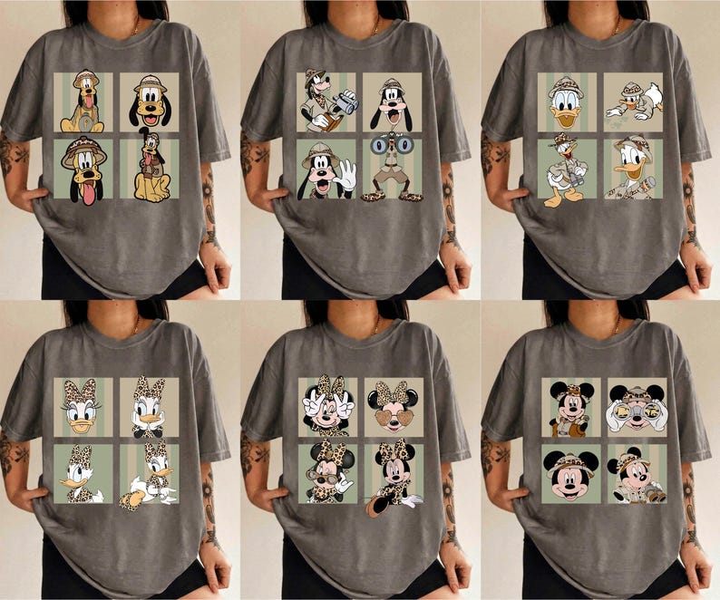May include: Six grey t-shirts, each with a grid of cartoon characters in safari outfits. The characters include Pluto, Goofy, Donald Duck, Daisy Duck, Minnie Mouse, and Mickey Mouse. The shirts are short-sleeved.