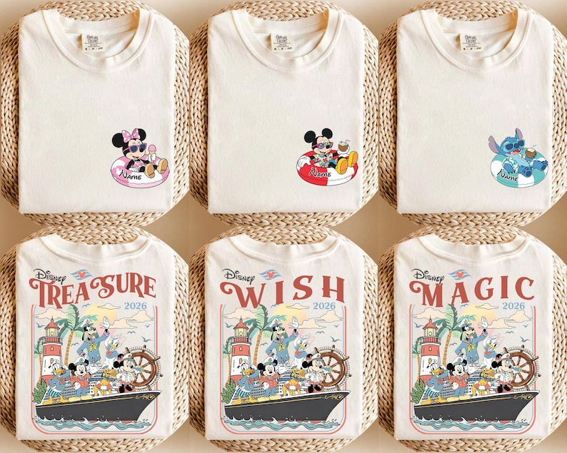 May include: Cream-coloured t-shirts featuring Disney characters. Designs include Minnie Mouse, Mickey Mouse, and Stitch in inflatable rings, and cruise ship scenes with Mickey and friends. The shirts are folded on woven mats.