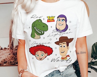 Camiseta vintage con firmas de Toy Story, camiseta de Disney Pixar, camiseta a juego de Disney, camiseta con cabeza de Woody, Jessie y Buzz Lightyear de Disney, camiseta de Disney
