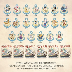May include: A collection of Disney-themed anchor ornaments and cruise ship designs. Each anchor features a different character, with the word "Name" below. The cruise ship designs have the words "Adventure", "Fantasy", "Magic", "Wish", "Dream", and "Treasure" with the year 2026.