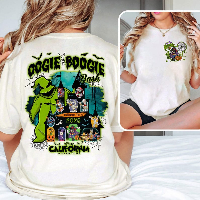 May include: Cream-colored t-shirt featuring a large graphic on the back with the text "Oogie Boogie Bash" and "Disney California Adventure". The graphic includes a green Oogie Boogie character, a haunted house, and various Disney characters. A smaller graphic is on the front.