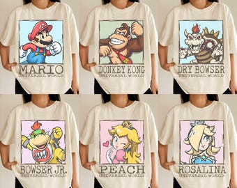 Camiseta cómoda de colores con todos los personajes de Super Mario, Mario, Toad, Peach, Luigi y Bowser, Universal World, Universal Studios