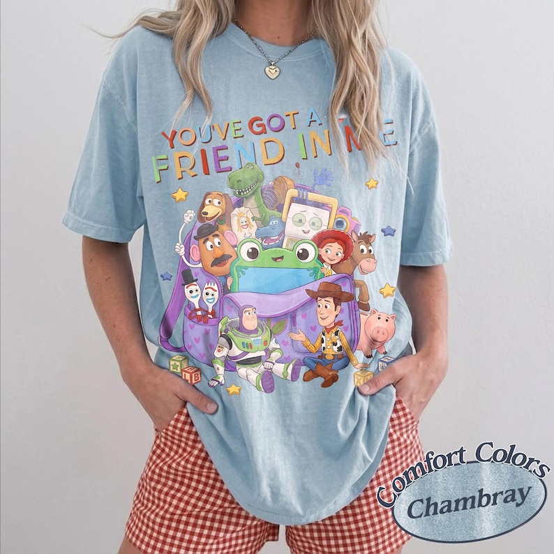 LilyPad Toystory 5 Shirt, Woody Buzz Jessie Rex Bullseye & New Tablet Toy Disneyland T-Shirt, Family You've Got A Friend In Me Shirt LightBlue/CharmBray