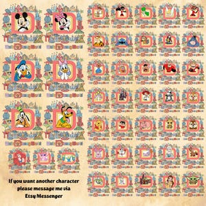 May include: A collection of Disney character designs, each framed within a red 'D' and surrounded by a decorative border. Characters include Mickey Mouse, Minnie Mouse, Donald Duck, and Goofy. The text "Walt Disney World" is visible.