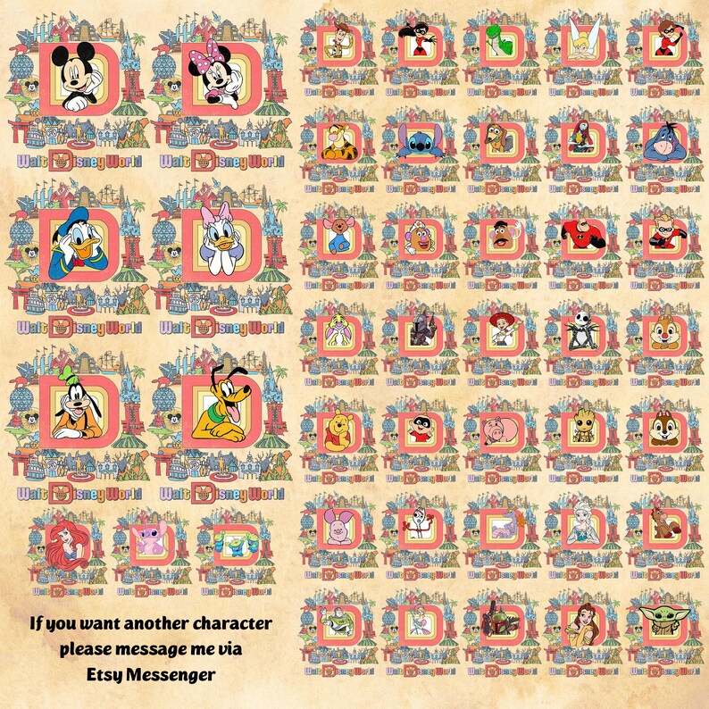 May include: A collection of Disney character designs, each framed within a red 'D' and surrounded by a decorative border. Characters include Mickey Mouse, Minnie Mouse, Donald Duck, and Goofy. The text "Walt Disney World" is visible.
